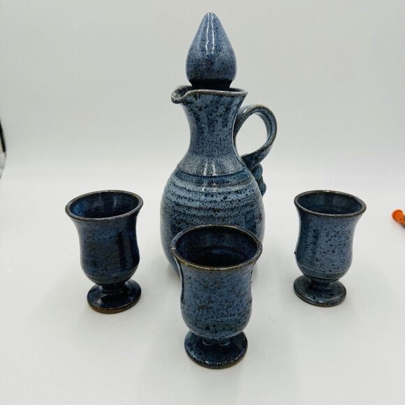 Can you see it? These are three lamp bases by California  Ray Studio Decanter and Three Cups Signed Vintage Art Pottery Blue Stoneware
